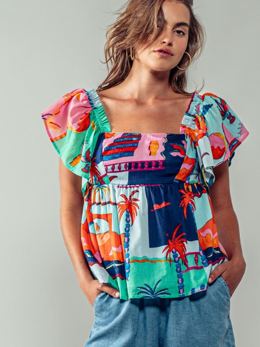 En Creme Tropical Patchwork Square-Neck Flutter Sleeve Top